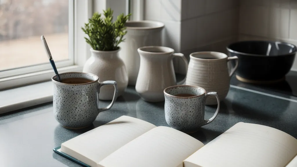 Carnet d'analyse des pratiques professionnelles et tasse de café sur le plan de travail d'une assistante maternelle