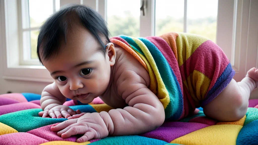Mains d'un bébé posées sur un tapis de motricité en mousse, étape avant le quatre-pattes