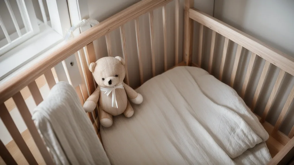 Détail d'un lit à barreaux en bois préparé pour la sieste d'un tout-petit.