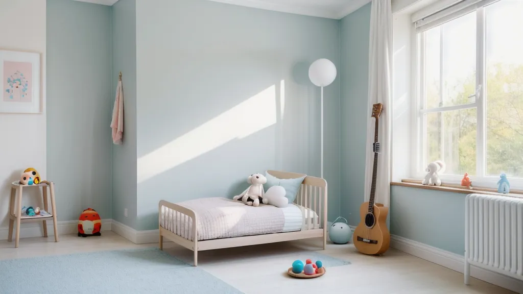 Thermomètre mural indiquant une température idéale de 19 degrés dans une chambre d'enfant.