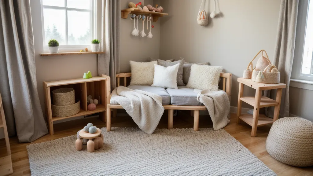 Panier en osier contenant des objets sensoriels aux textures variées pour bébé
