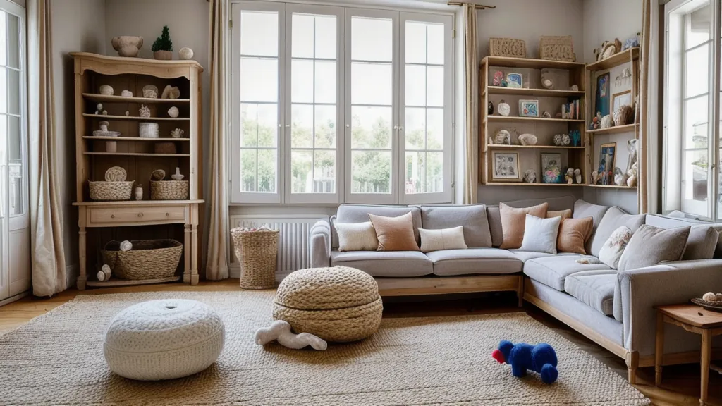 Coussins sensoriels colorés et jouets faits maison posés sur le sol.