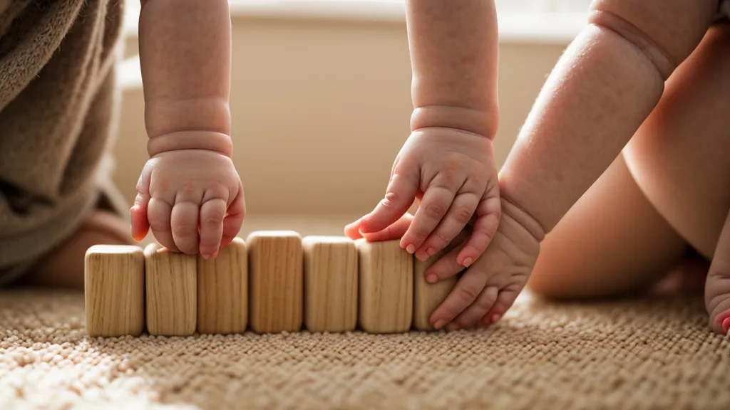 Deux jeunes enfants pratiquant le jeu parallèle avec des blocs en bois sur un tapis.
