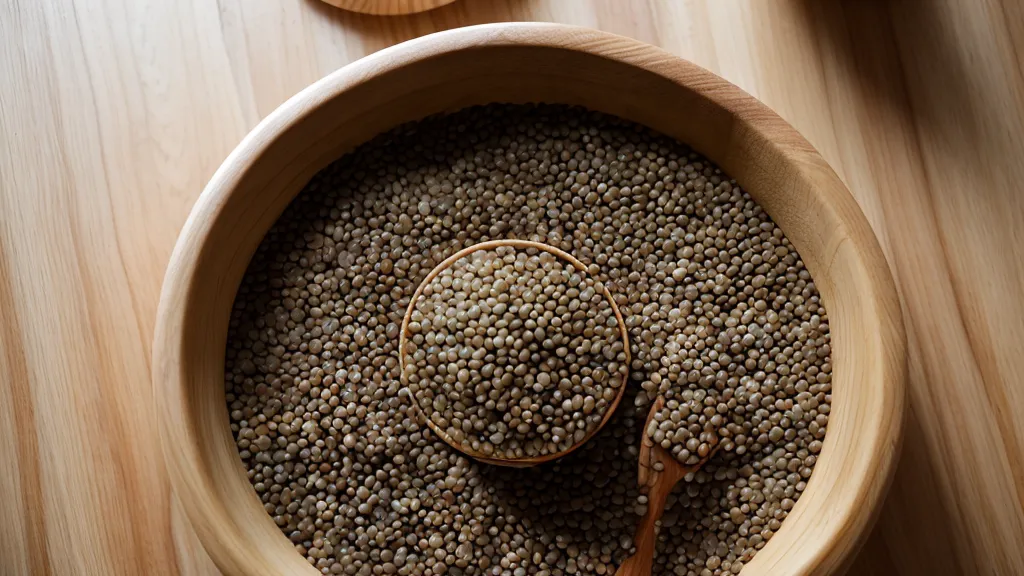 Bac sensoriel de transvasement avec lentilles et cuillères en bois pour tout-petits.